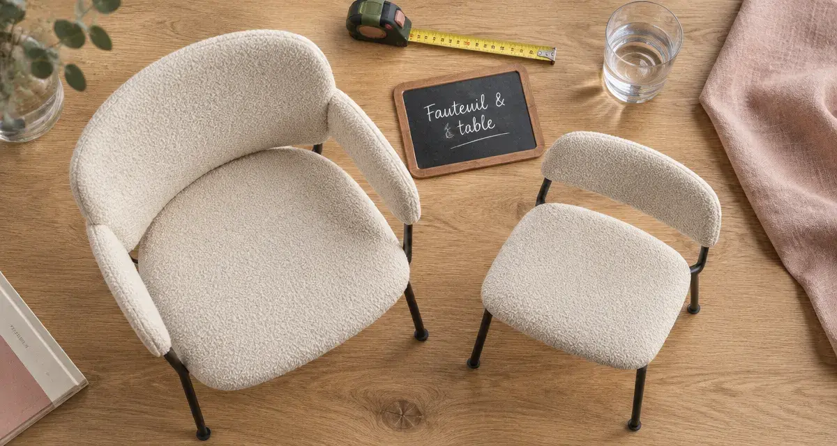 Fauteuil salle à manger en tissu crème sur table en chêne, dimensions et matière