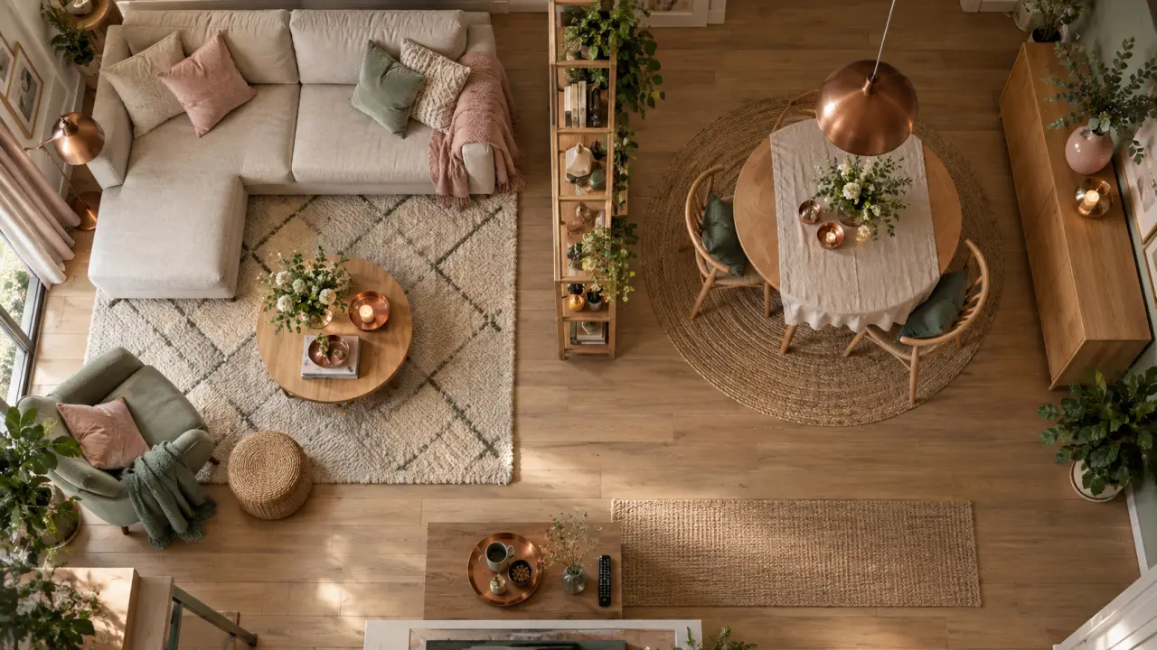 Salon et salle à manger dans la même pièce, séparation visuelle par tapis et bibliothèque ajourée