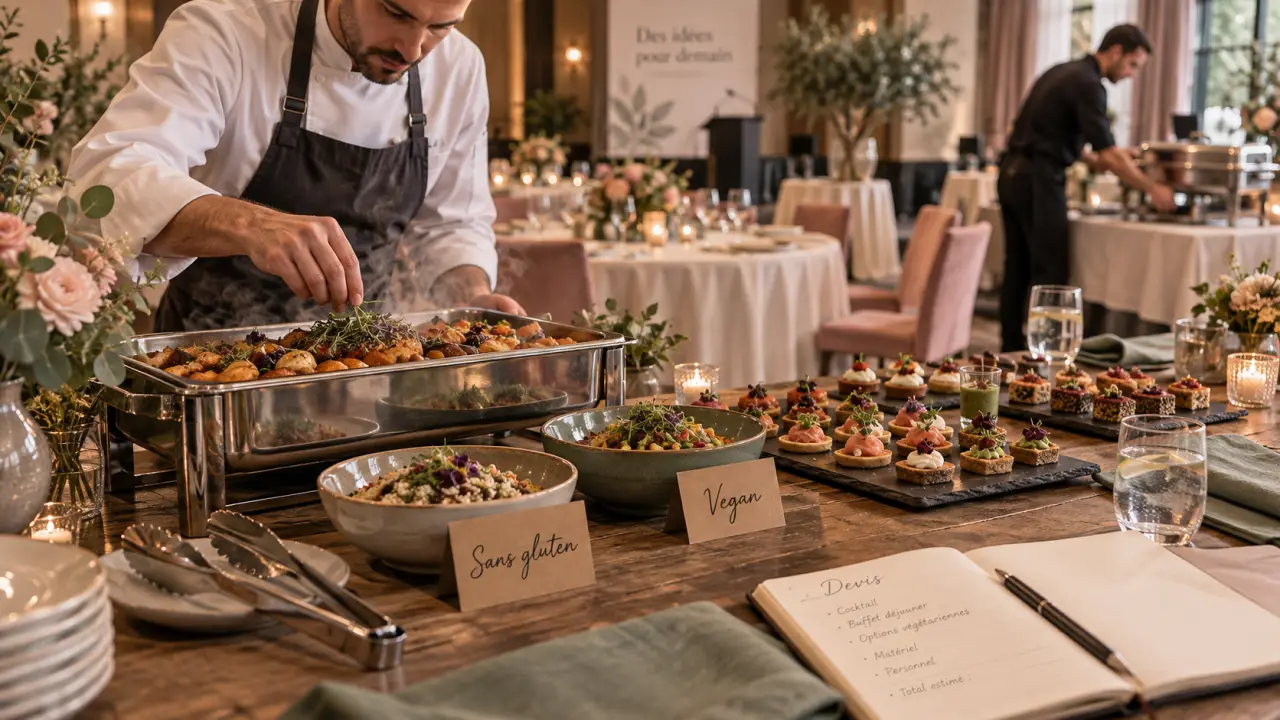 Traiteur evenementiel préparant un buffet clé en main
